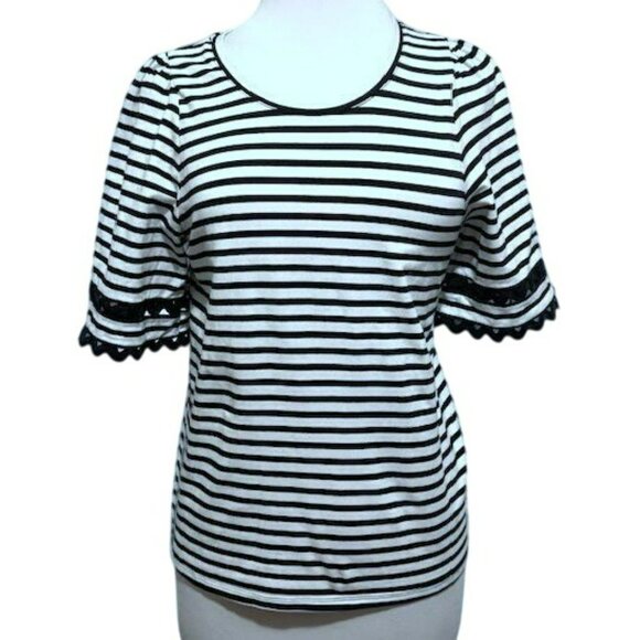 Chico's Black & White Stripe Pullover Tee Top Sz 0 Small Ric-Rac Sleeve Stretch - Picture 2 of 7